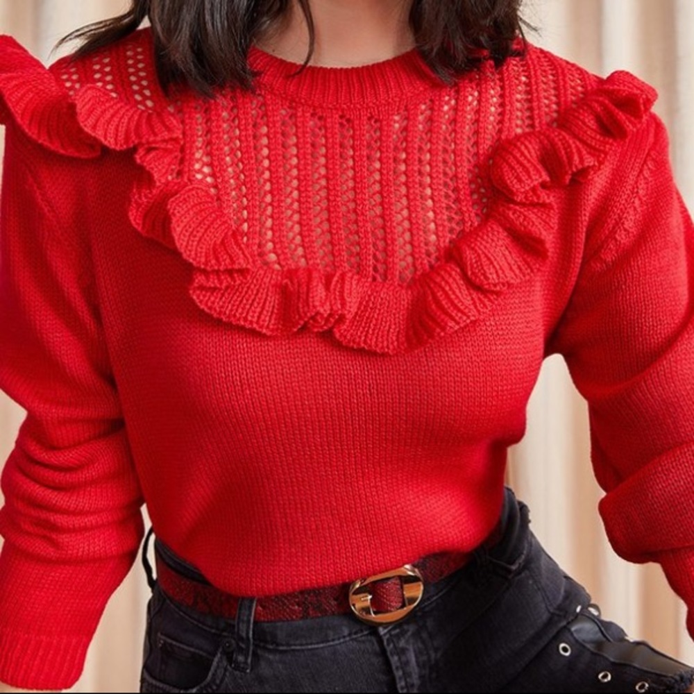 🆕 Red Knit Ruffle Sweater - Picture 1 of 3
